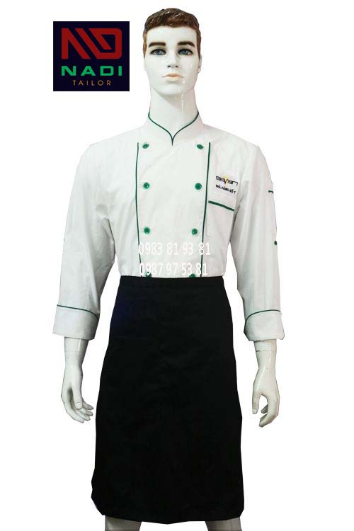 Áo bếp nam tay dài trắng viền xanh