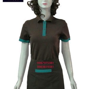 Áo thun nữ phục vụ màu nâu phối viền xanh ngọc AT002