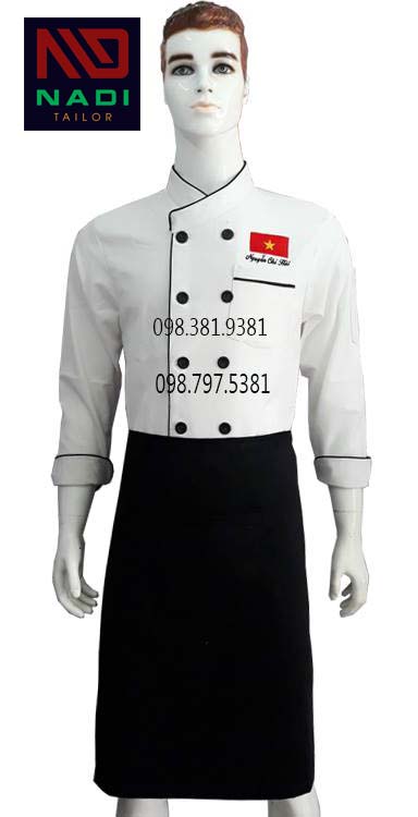Áo bếp màu trắng viền đen tay dài ABM006 1 Áo bếp màu trắng viền đen tay dài ABM006