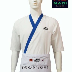 Áo bếp Nhật màu trắng phối viền xanh ABM001