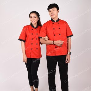 Áo bếp tay ngắn màu đỏ viền đen AB0008