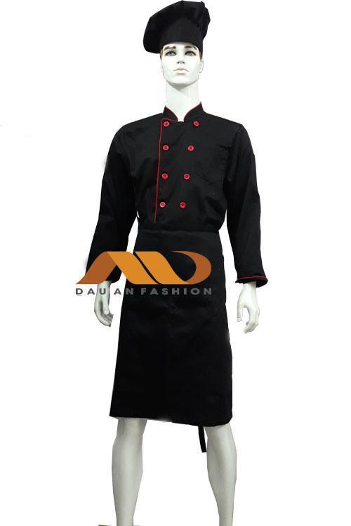 Áo bếp cổ trụ màu đen viền đỏ AB003 1 Áo bếp cổ trụ màu đen viền đỏ AB003