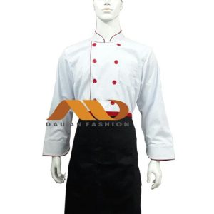 Đồng phục bếp tay dài màu trắng viền đỏ AB001