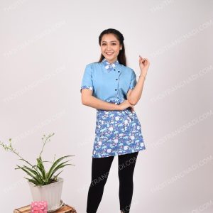 Đồng phục nhà hàng màu xanh kèm họa tiết HS0095