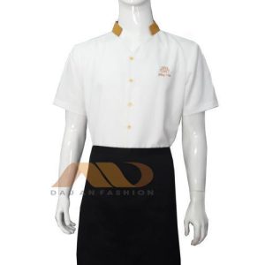 Đồng phục nhà hàng màu trắng viền vàng HS0037