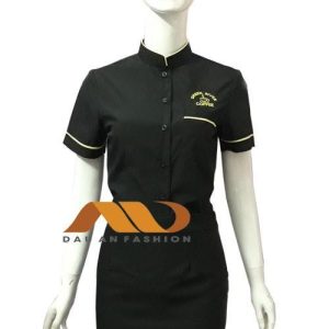 Đồng phục resort đen cổ trụ viền vàng HS0019
