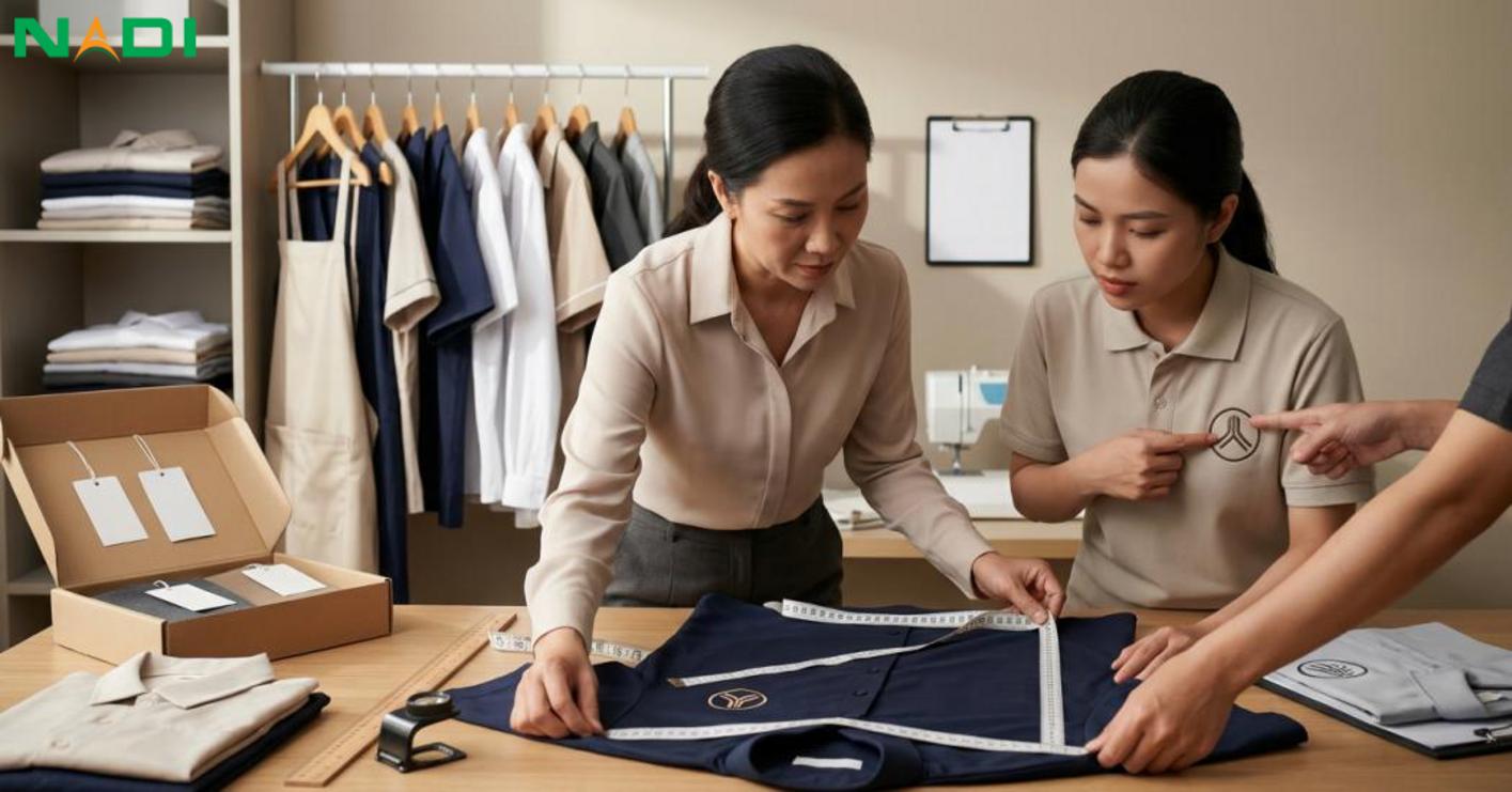 Hướng dẫn đặt may: size, logo, số lượng và quy trình nghiệm thu