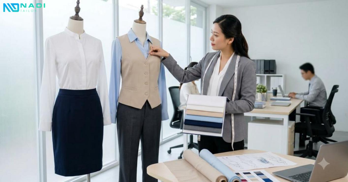 Đồng phục nữ cần dễ mặc, bền, ít nhăn, phù hợp môi trường và giữ vẻ chuyên nghiệp.