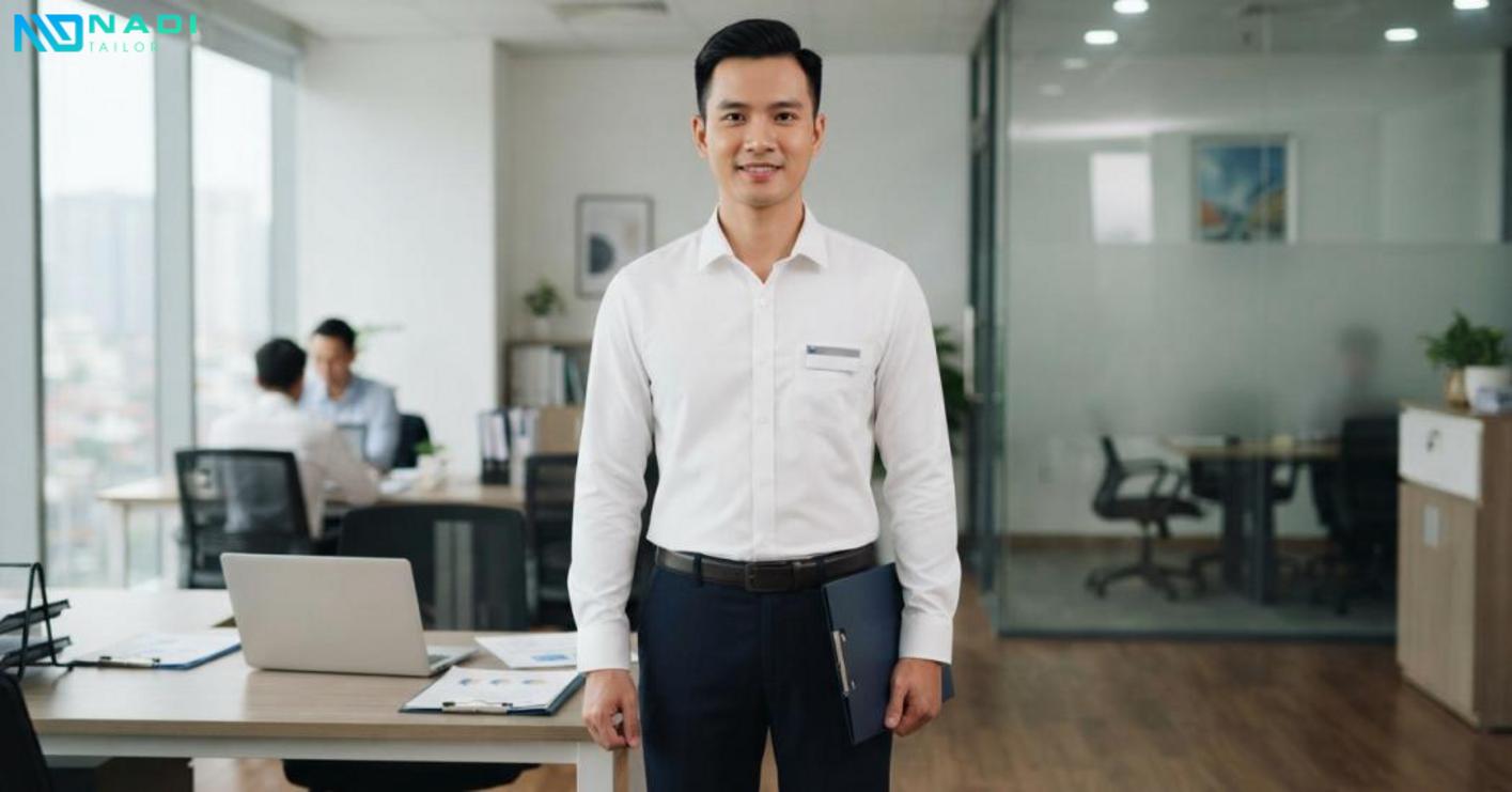 Sơ mi trắng nam nổi bật nhờ tính chuyên nghiệp, dễ phối và đồng bộ nhận diện